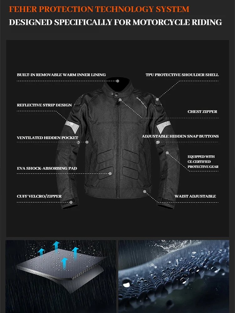 FEHER Motorcycle Jacket JK-062A All Seasons Waterproof and Windproof 2 Layers Breathable with TPU Shoulder Shell Riding Jackets