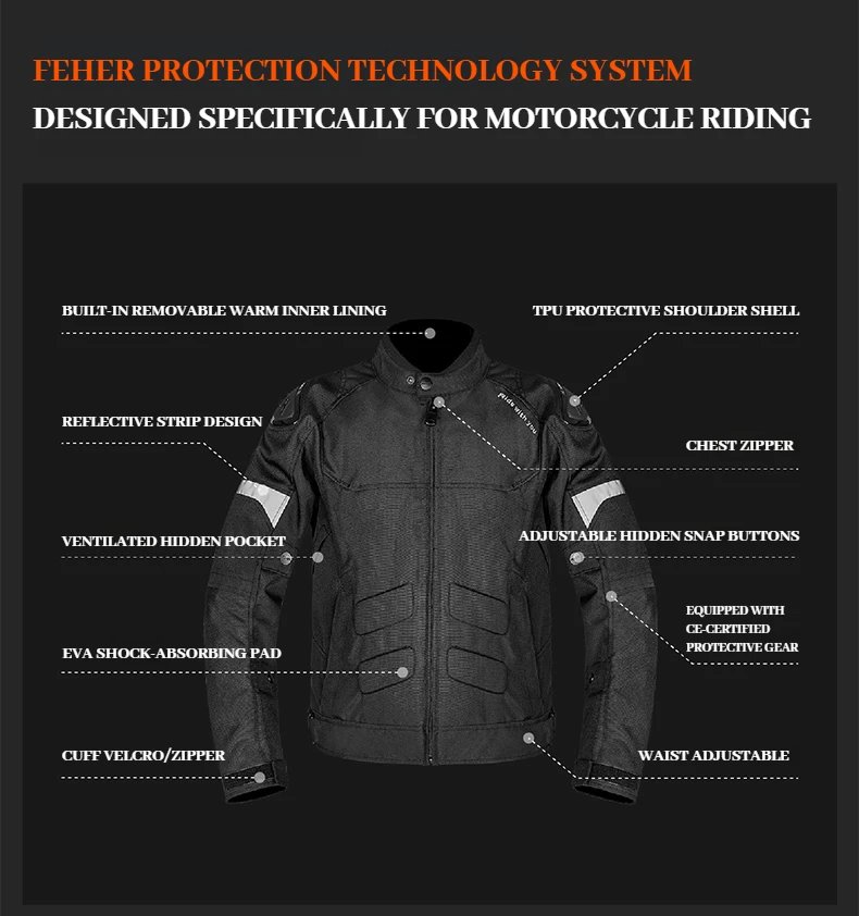 FEHER Motorcycle Jacket JK-062A All Seasons Waterproof and Windproof 2 Layers Breathable with TPU Shoulder Shell Riding Jackets FEHER Motorcycle Jacket JK-062A All Seasons Waterproof and Windproof 2 Layers Breathable with TPU Shoulder Shell Riding Jackets