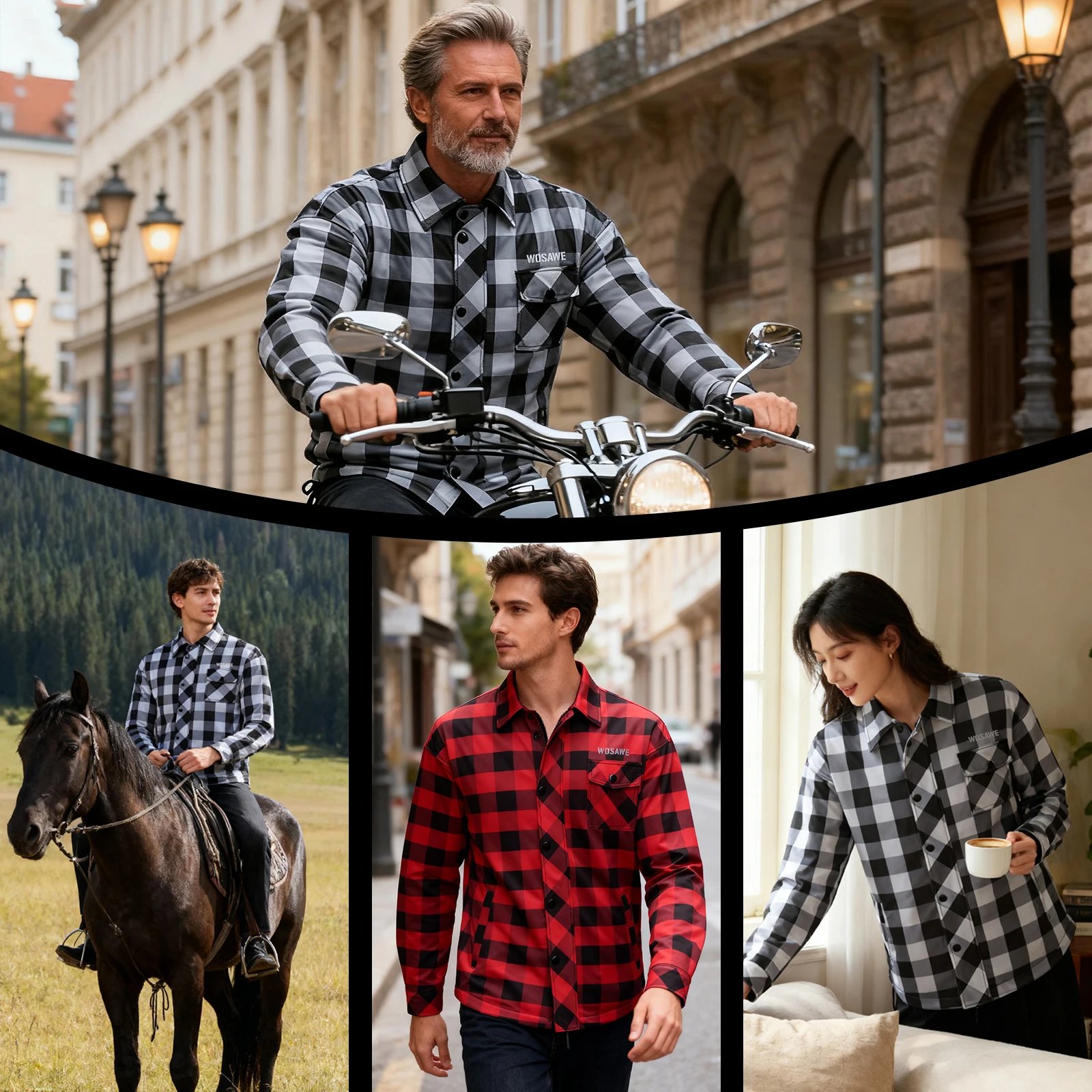WOSAWE Men's Women's Winter Motorcycle Jacket Warm Motocross Motorbike Checkered Casual Outdoor Riding Shirts