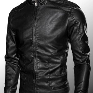 Menās Black PU Leather Biker Jacket with Stand Collar & Front Zipper ā Slim Fit Casual Moto Coat for Spring Autumn