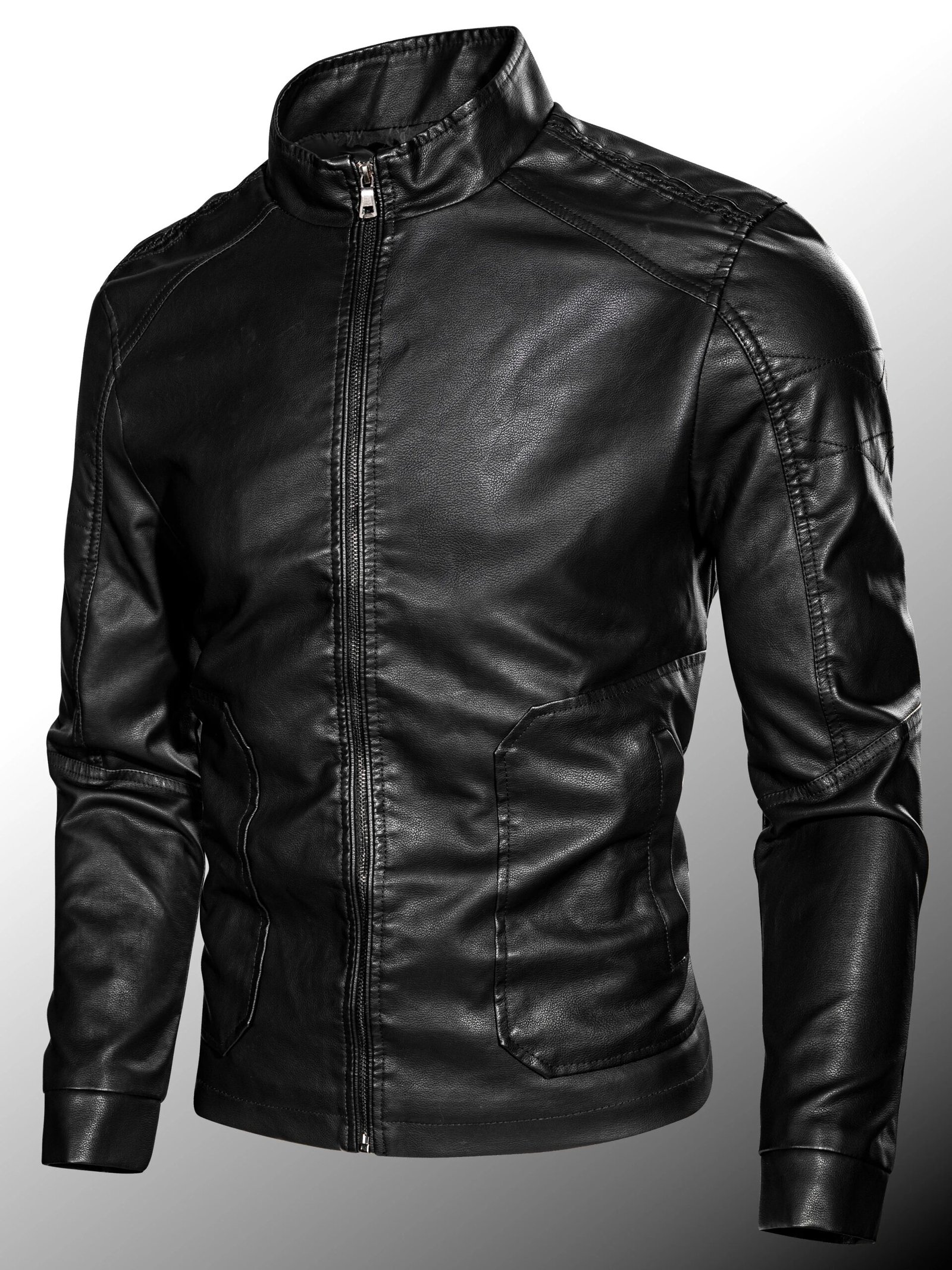 Men's Black PU Leather Biker Jacket with Stand Collar & Front Zipper – Slim Fit Casual Moto Coat for Spring Autumn