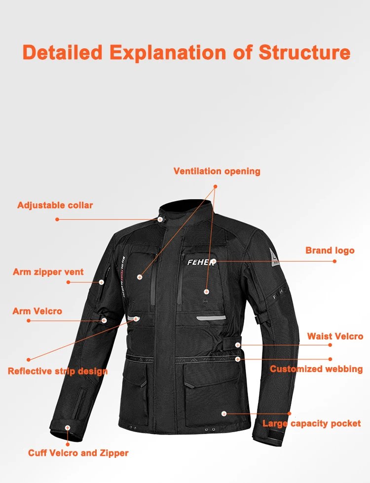FEHER JK-065 Men's 3-Layer All Season Motorcycle Touring Suit, Windproof Waterproof Durable Riding Jacket & Pant Protective Set