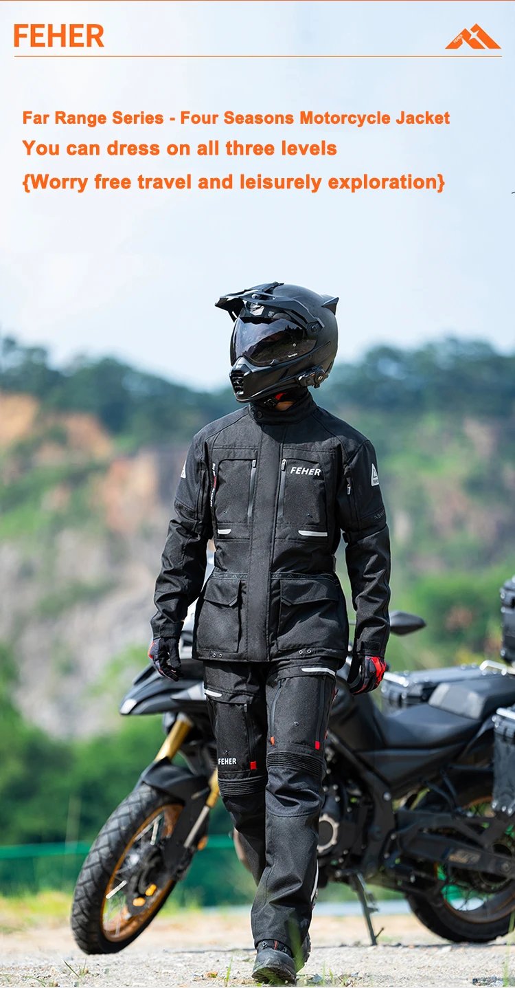 FEHER JK-065 Men's 3-Layer All Season Motorcycle Touring Suit, Windproof Waterproof Durable Riding Jacket & Pant Protective Set