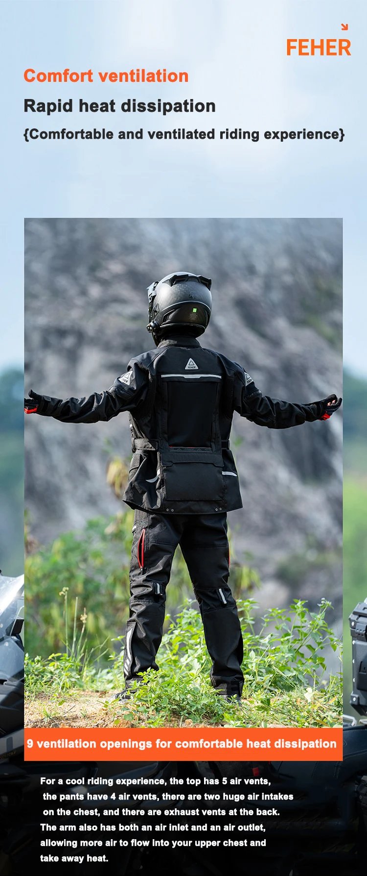 FEHER JK-065 Men's 3-Layer All Season Motorcycle Touring Suit, Windproof Waterproof Durable Riding Jacket & Pant Protective Set