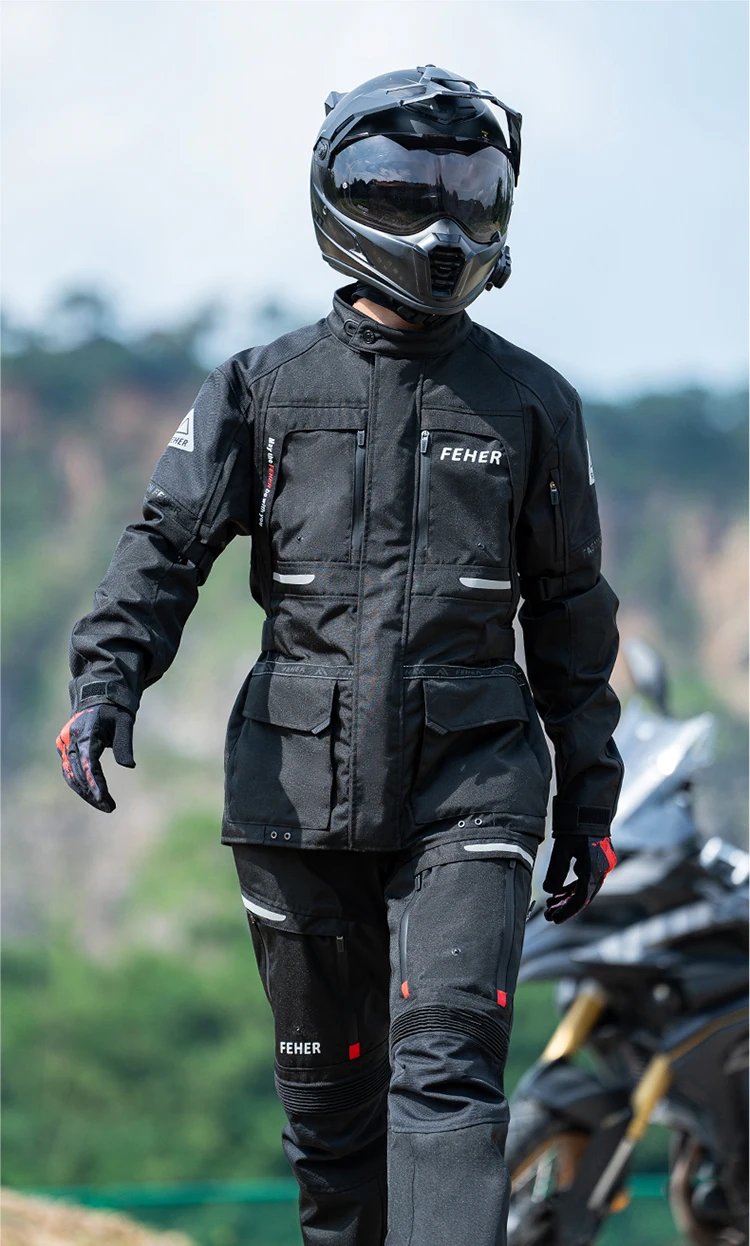 FEHER JK-065 Men's 3-Layer All Season Motorcycle Touring Suit, Windproof Waterproof Durable Riding Jacket & Pant Protective Set