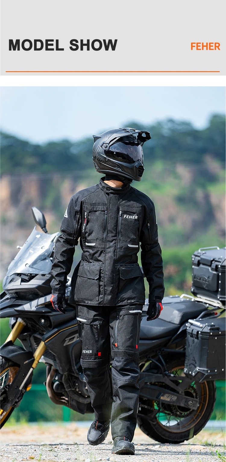 FEHER JK-065 Men's 3-Layer All Season Motorcycle Touring Suit, Windproof Waterproof Durable Riding Jacket & Pant Protective Set