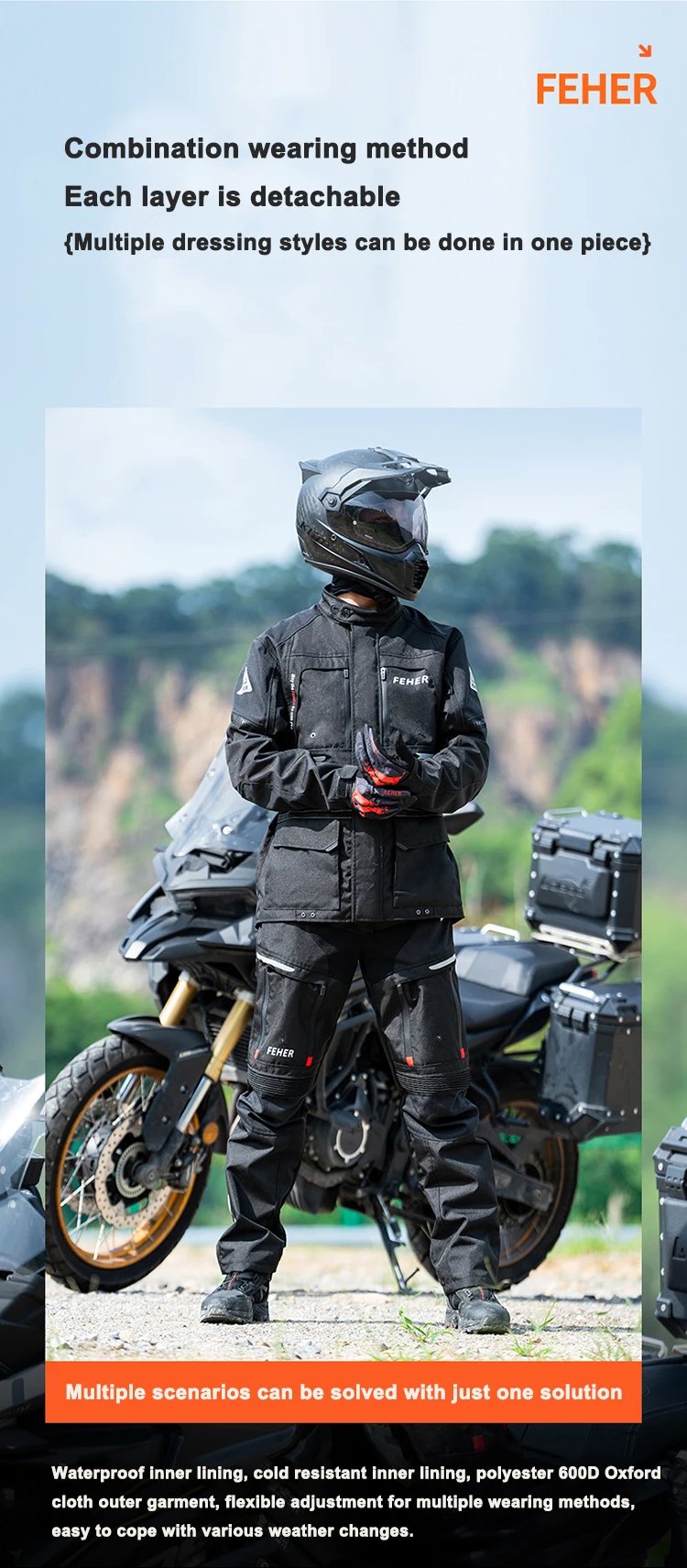 FEHER JK-065 Men's 3-Layer All Season Motorcycle Touring Suit, Windproof Waterproof Durable Riding Jacket & Pant Protective Set