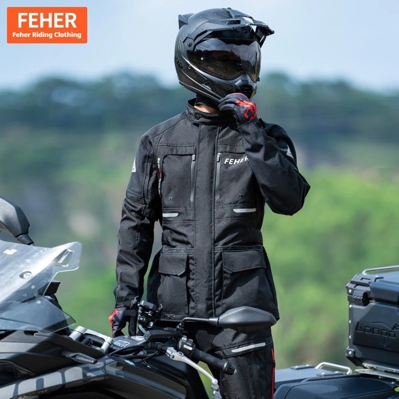 FEHER JK-065 Men's 3-Layer All Season Motorcycle Touring Suit, Windproof Waterproof Durable Riding Jacket & Pant Protective Set