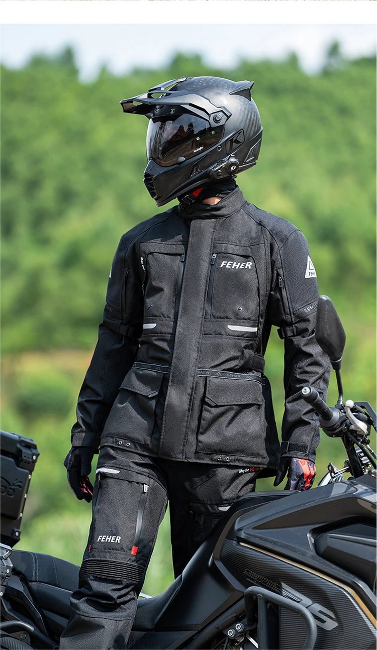 FEHER JK-065 Men's 3-Layer All Season Motorcycle Touring Suit, Windproof Waterproof Durable Riding Jacket & Pant Protective Set