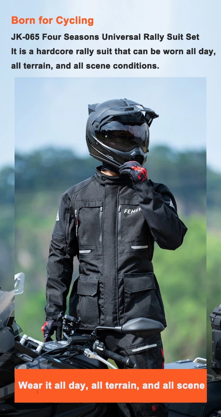 FEHER JK-065 Men's 3-Layer All Season Motorcycle Touring Suit, Windproof Waterproof Durable Riding Jacket & Pant Protective Set