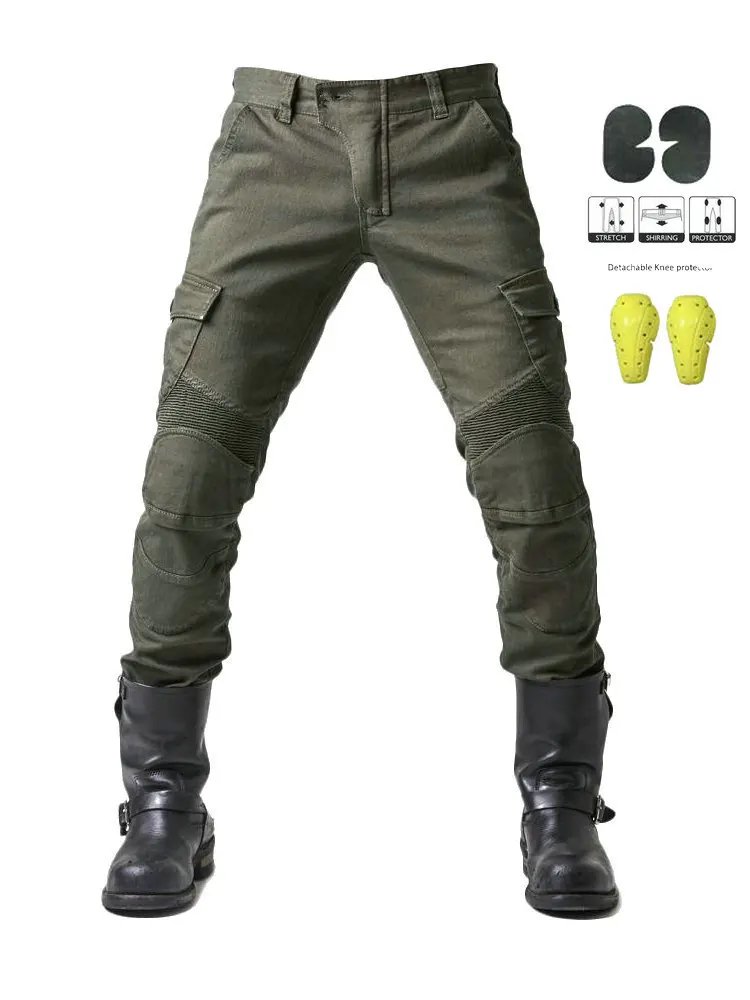 Motorcycle riding pants men's summer locomotive anti-drop knight equipment four seasons elastic denim army green racing pants Motorcycle riding pants men's summer locomotive anti-drop knight equipment four seasons elastic denim army green racing pants