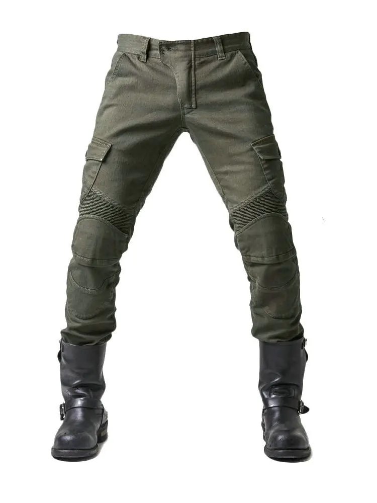 Motorcycle riding pants men's summer locomotive anti-drop knight equipment four seasons elastic denim army green racing pants Motorcycle riding pants men's summer locomotive anti-drop knight equipment four seasons elastic denim army green racing pants