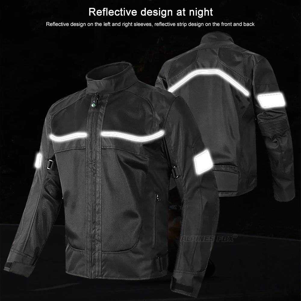 Men Woman Summer Breathable Motorcycle Jacket Night Reflective Motorbike Riding Coat with 5pcs Protective Pads M-5XL