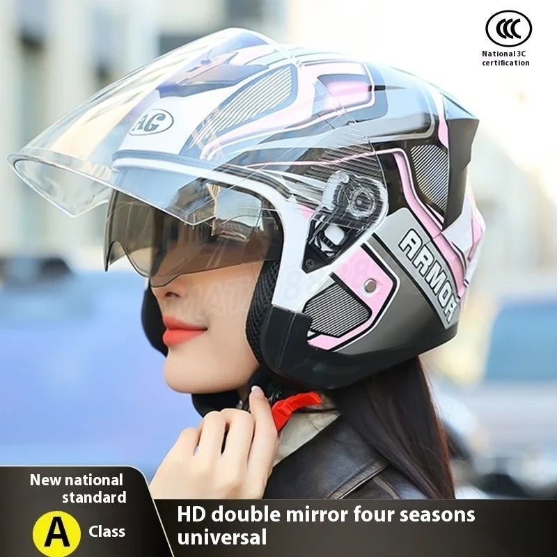 HOT Motorcycle Helmet Women's Open Face Lightweight Helmet Double Lens Men's Motorbike 3/4 Helme Electric Motorcycle Capacete