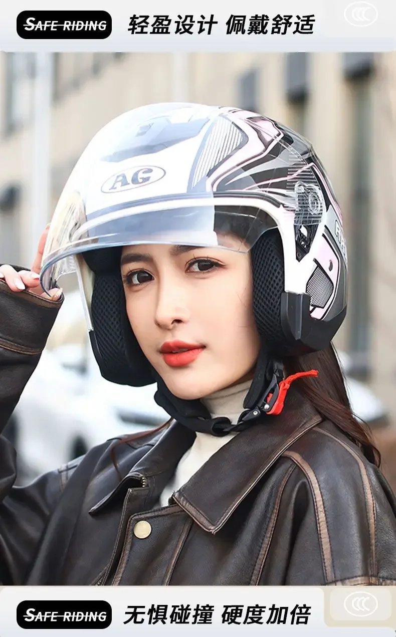 HOT Motorcycle Helmet Women's Open Face Lightweight Helmet Double Lens Men's Motorbike 3/4 Helme Electric Motorcycle Capacete