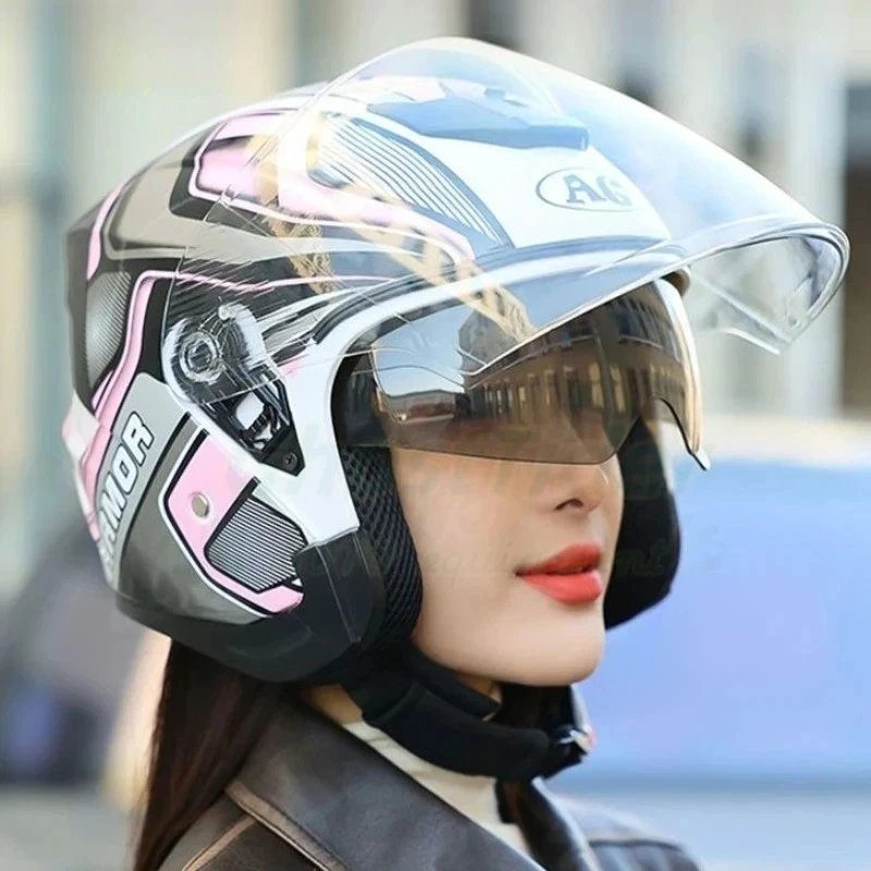 HOT Motorcycle Helmet Women's Open Face Lightweight Helmet Double Lens Men's Motorbike 3/4 Helme Electric Motorcycle Capacete
