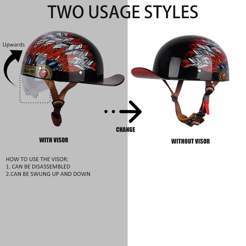 Uchoose Summer Motorcycle Casque DS Baseball Cap Helmet Retro Helmets Vintage Open Face Scooter Cruiser Chopper Gangster