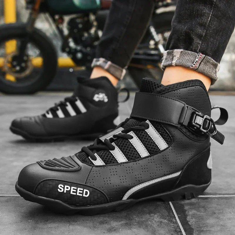 New Men Leather Motorcycle Boots Breathable Anti Slip Wear Resistant Ankle Length Motorbike Racing Outdoor Street Riding Shoes