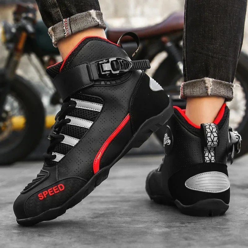 New Men Leather Motorcycle Boots Breathable Anti Slip Wear Resistant Ankle Length Motorbike Racing Outdoor Street Riding Shoes
