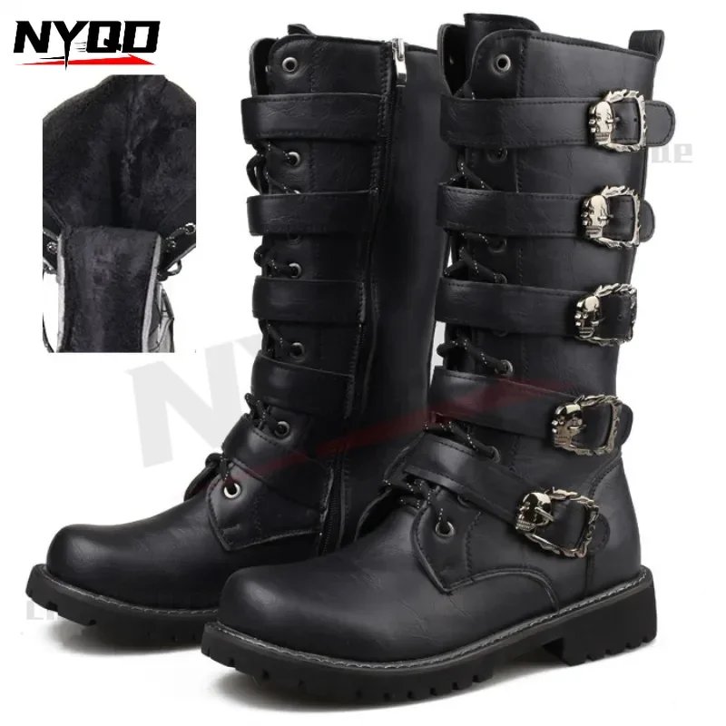 Trendy Long Boots Winter Plush Warm Boots Men's British Leather Shoes Motorcycle Riding Boots botas moto