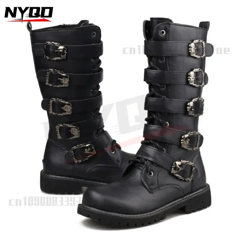 Trendy Long Boots Winter Plush Warm Boots Men's British Leather Shoes Motorcycle Riding Boots botas moto