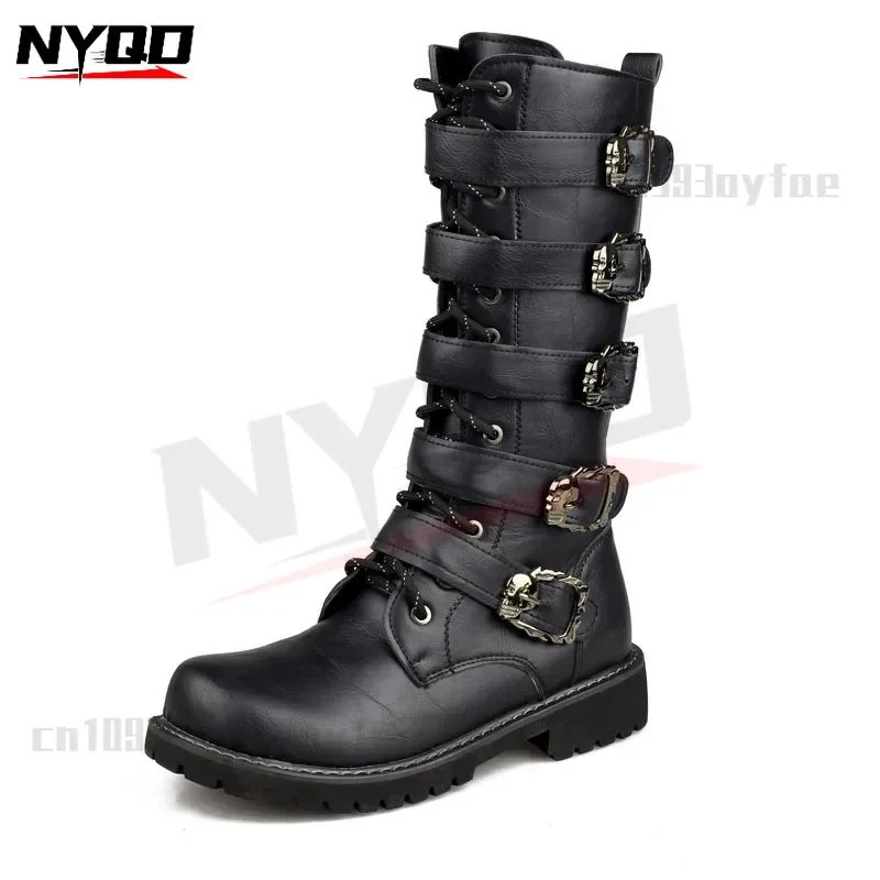 Trendy Long Boots Winter Plush Warm Boots Men's British Leather Shoes Motorcycle Riding Boots botas moto
