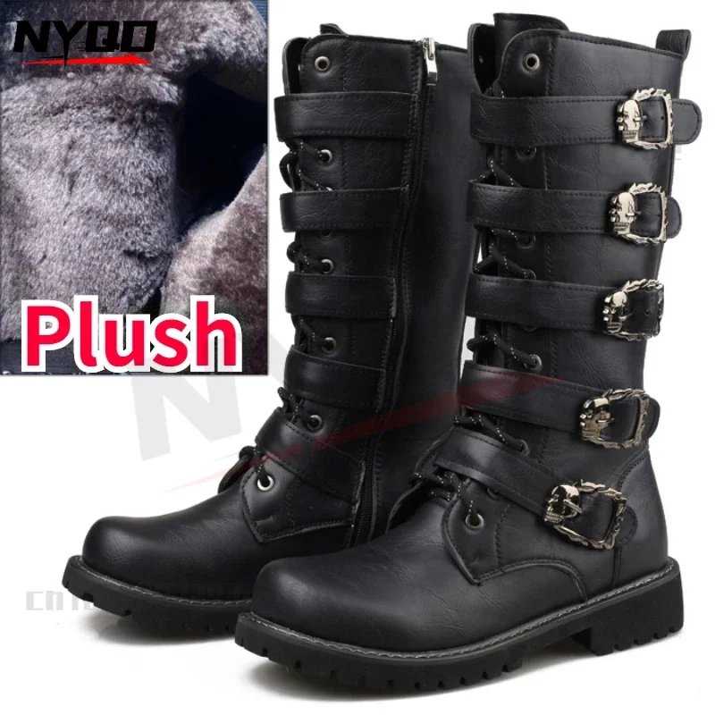 Trendy Long Boots Winter Plush Warm Boots Men's British Leather Shoes Motorcycle Riding Boots botas moto