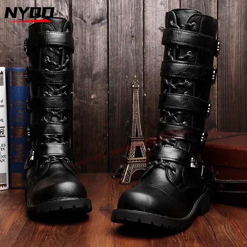 Trendy Long Boots Winter Plush Warm Boots Men's British Leather Shoes Motorcycle Riding Boots botas moto