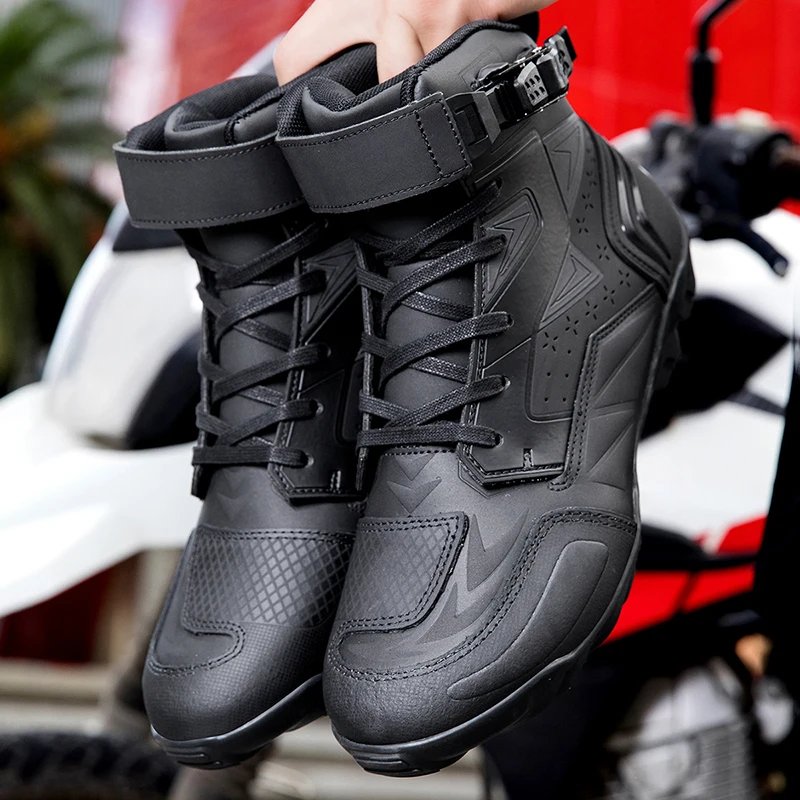 Men's Motorcycle Boots Breathable Leather Motorbike Shoes Men Anti-fall Motocross Riding Shoes Waterproof Anti-slip Motos Boot