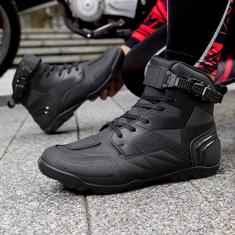 Men's Motorcycle Boots Breathable Leather Motorbike Shoes Men Anti-fall Motocross Riding Shoes Waterproof Anti-slip Motos Boot