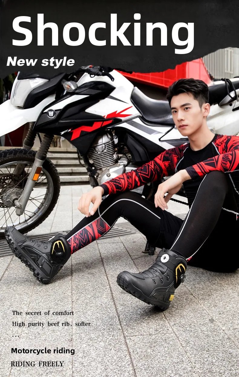 New Men's Motorcycle Shoes Durable Anti-slip Rubber Motorbike Boots TPU Crashproof Motocross Boot Leather Motos Ride Shoes