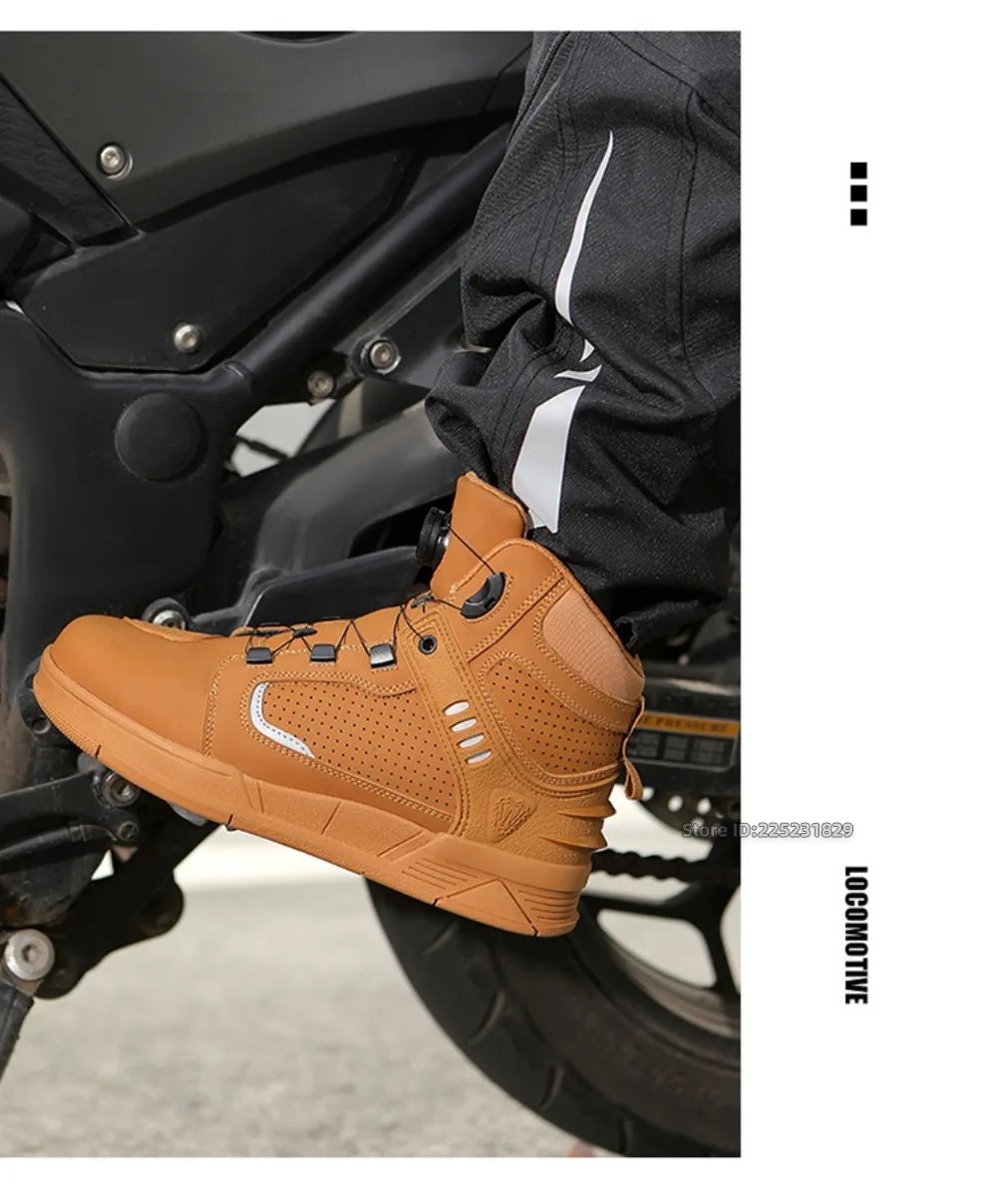 Leather Motorcycle Men's Genuine Moto Protective Ankle Short Boots Motocross Breathable Anti Drop Riding Travel Racing Shoes