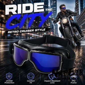 Vintage Motorcycle Goggles for Men Women, Retro Riding Eyewear with Blue Mirror PC Lens, Adjustable Strap, Wind Dust Protection, Helmet Compatible Goggles for Cruiser Bike ATV Cycling