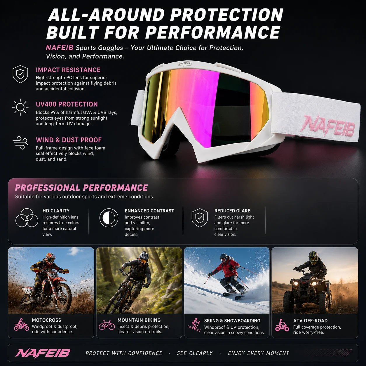 Outdoor Cross-Country Ski Goggles, Motorcycle Glasses, ATV Riding Goggles, Windproof, Dustproof & Impact-Resistant