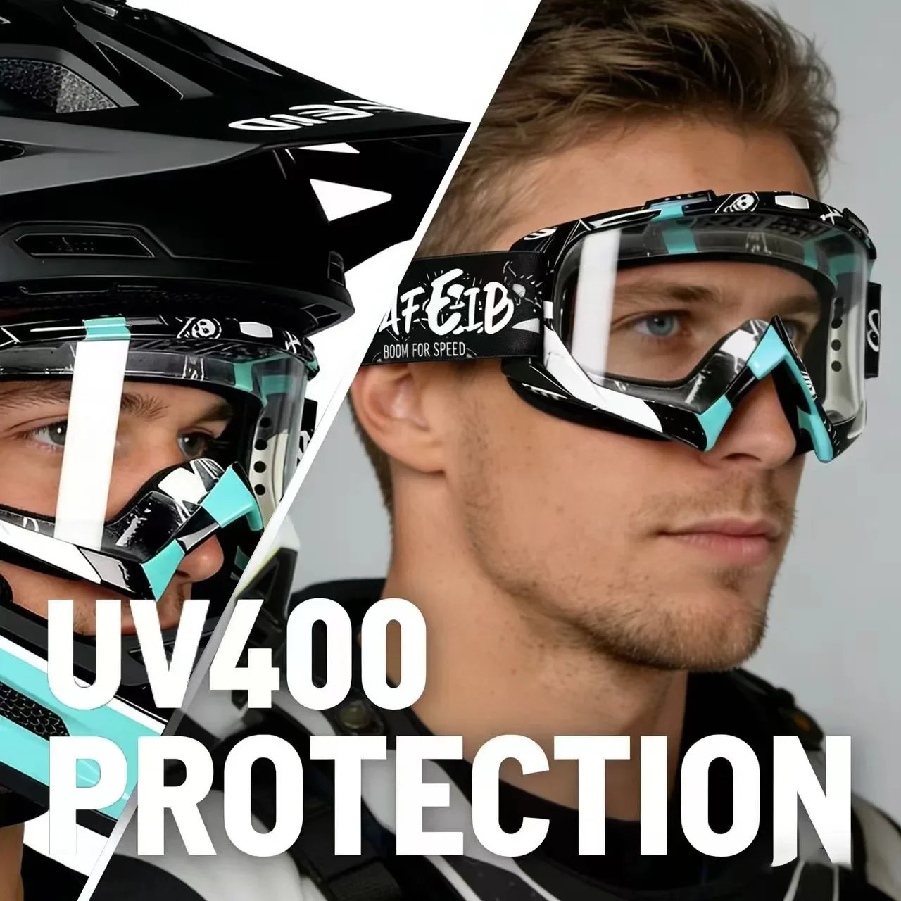 NAFEIB Motorcycle Goggles for Men Women, Off-Road Motocross Riding Eyewear with Wide Vision PC Lens, Adjustable Strap, Wind Dust Protection for Dirt Bike ATV MTB