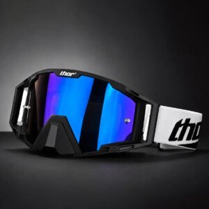 Motocross Goggles for Men Women, Off Road Motorcycle Riding Glasses with Blue Mirror Lens, Adjustable Strap, Wide Vision PC Lens, Wind Dust Protection for Dirt Bike ATV MX Cycling
