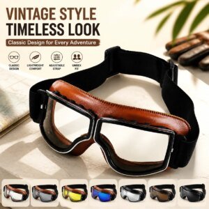 Vintage Motorcycle Goggles for Men Women, Retro Riding Goggles with UV Protection, Anti-Fog Clear Lens, Windproof Dustproof Scratch-Resistant, Adjustable Strap