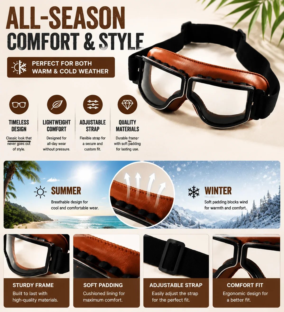 Vintage Motorcycle Goggles for Men Women, Retro Riding Goggles with UV Protection, Anti-Fog Clear Lens, Windproof Dustproof Scratch-Resistant, Adjustable Strap Vintage Motorcycle Goggles for Men Women, Retro Riding Goggles with UV Protection, Anti-Fog Clear Lens, Windproof Dustproof Scratch-Resistant, Adjustable Strap