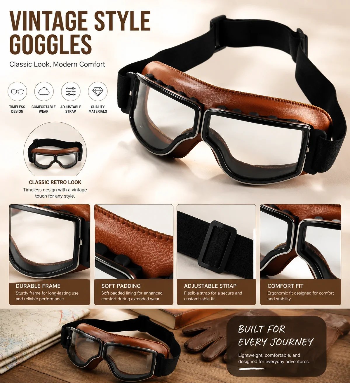 Vintage Motorcycle Goggles for Men Women, Retro Riding Goggles with UV Protection, Anti-Fog Clear Lens, Windproof Dustproof Scratch-Resistant, Adjustable Strap Vintage Motorcycle Goggles for Men Women, Retro Riding Goggles with UV Protection, Anti-Fog Clear Lens, Windproof Dustproof Scratch-Resistant, Adjustable Strap