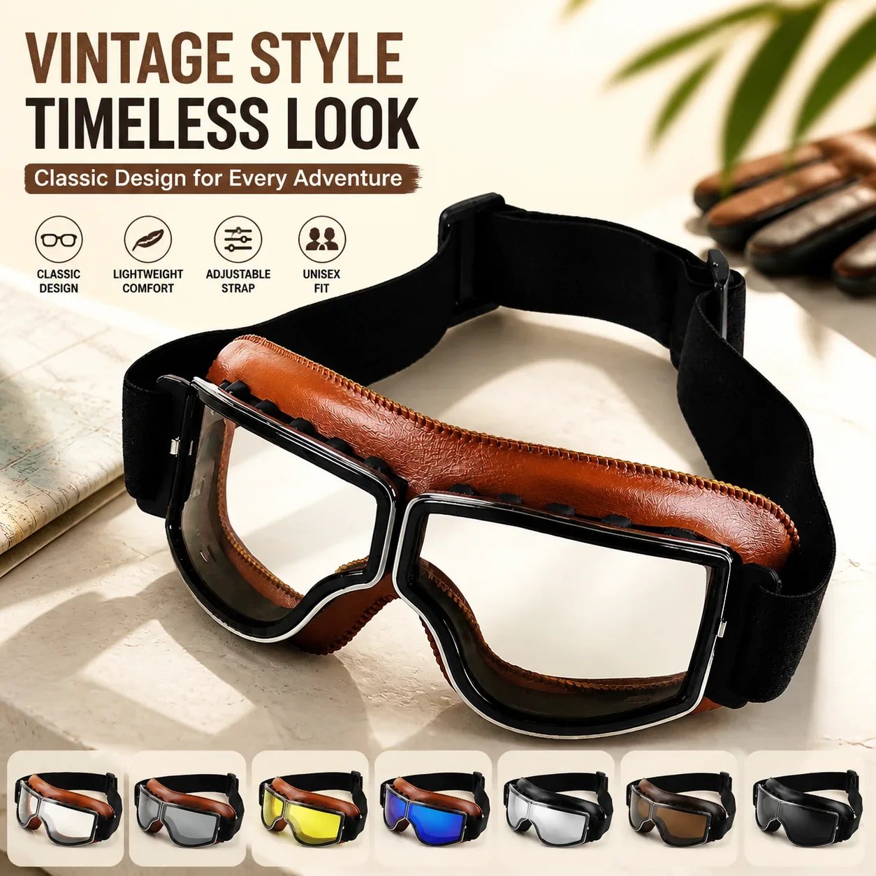 Vintage Motorcycle Goggles for Men Women, Retro Riding Goggles with UV Protection, Anti-Fog Clear Lens, Windproof Dustproof Scratch-Resistant, Adjustable Strap Vintage Motorcycle Goggles for Men Women, Retro Riding Goggles with UV Protection, Anti-Fog Clear Lens, Windproof Dustproof Scratch-Resistant, Adjustable Strap