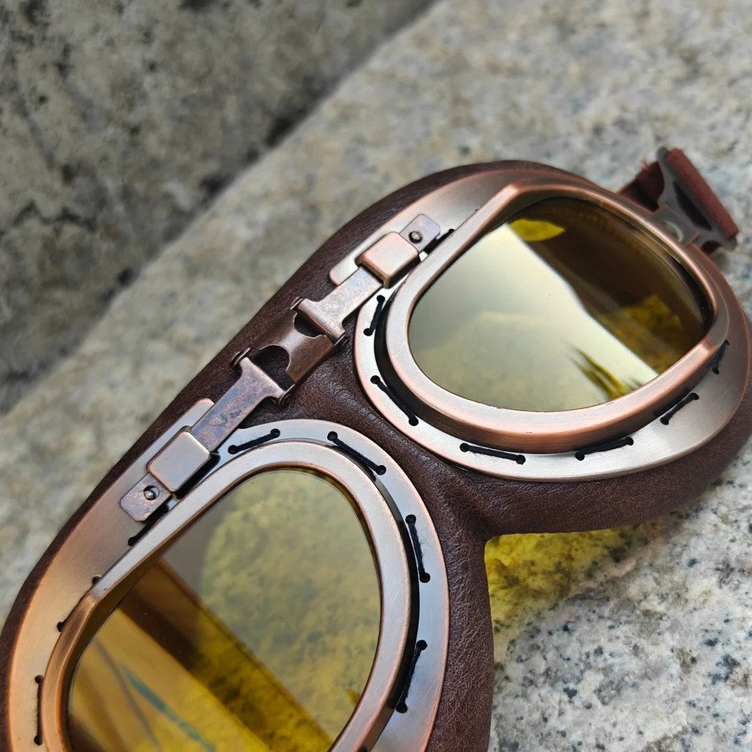 Vintage Motorcycle & ATV Goggles, Dirt Bike Racing Glasses, Windproof Dustproof Off-Road Eyewear, Copper Frame Silver Lens