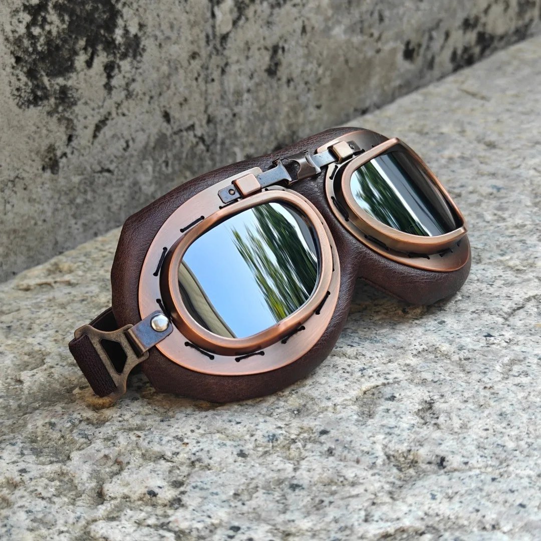 Vintage Motorcycle & ATV Goggles, Dirt Bike Racing Glasses, Windproof Dustproof Off-Road Eyewear, Copper Frame Silver Lens