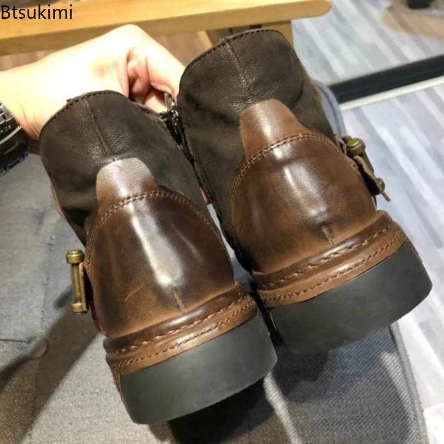 Autumn Winter Retro Men Motorcycle Leather Boots British Style Round Head High Top Shoes Casual Platform Boots Moto Street Gear