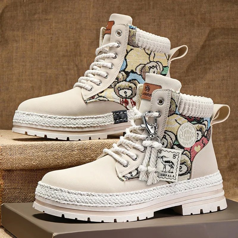 Men High Top Boots Fad Trend Outdoor Comfort Ankle Boot for Men Lace-Up Boot Retro British Style Tooling Boots Botas Para Hombre