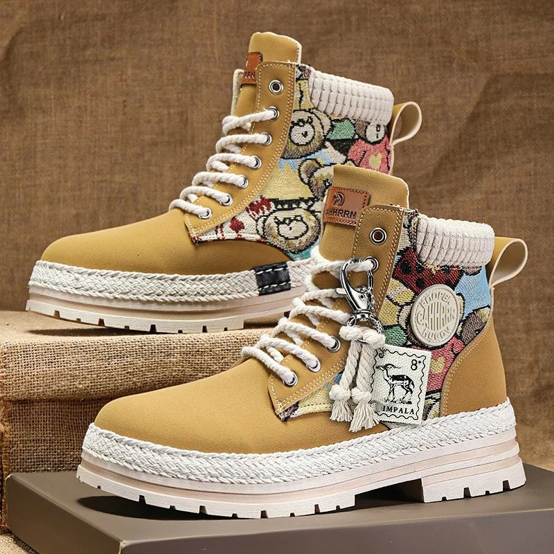 Men High Top Boots Fad Trend Outdoor Comfort Ankle Boot for Men Lace-Up Boot Retro British Style Tooling Boots Botas Para Hombre