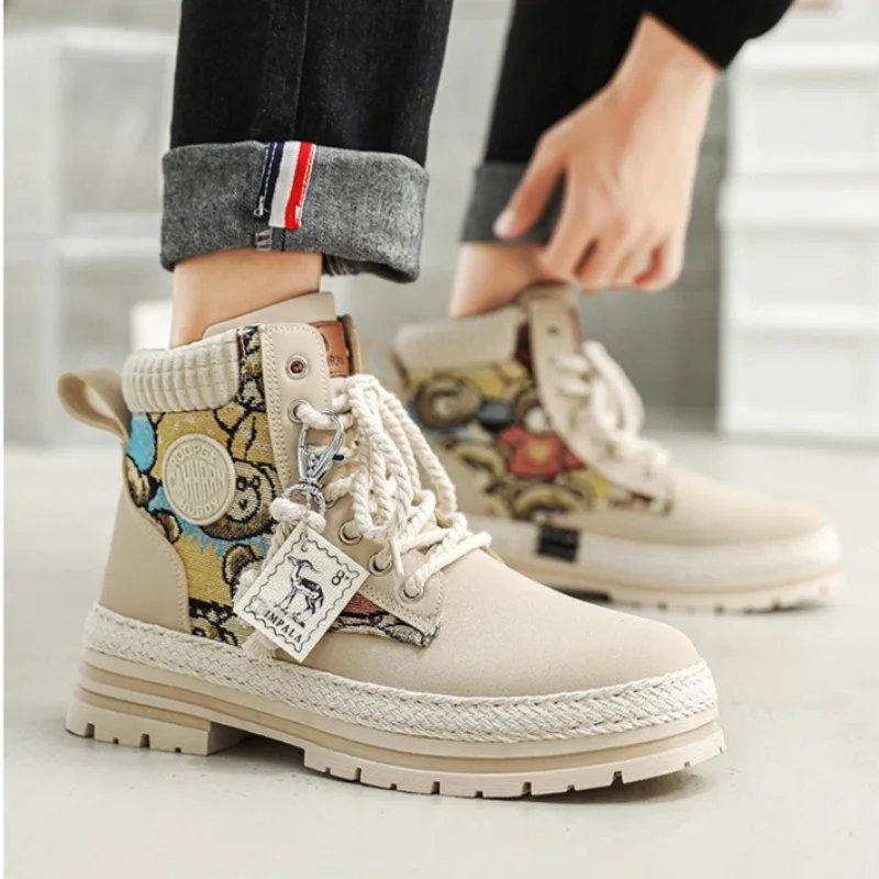 Men High Top Boots Fad Trend Outdoor Comfort Ankle Boot for Men Lace-Up Boot Retro British Style Tooling Boots Botas Para Hombre