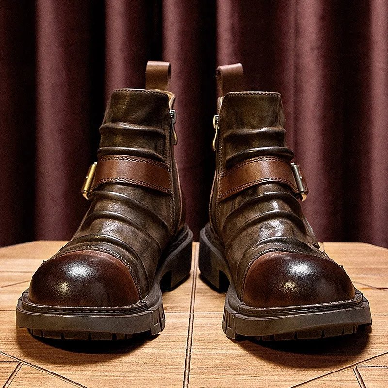 Handmade Punk Motorcycle Boots Men's Genuine Leather Boots British Style Boots Cowhide Workwear Short Shoes