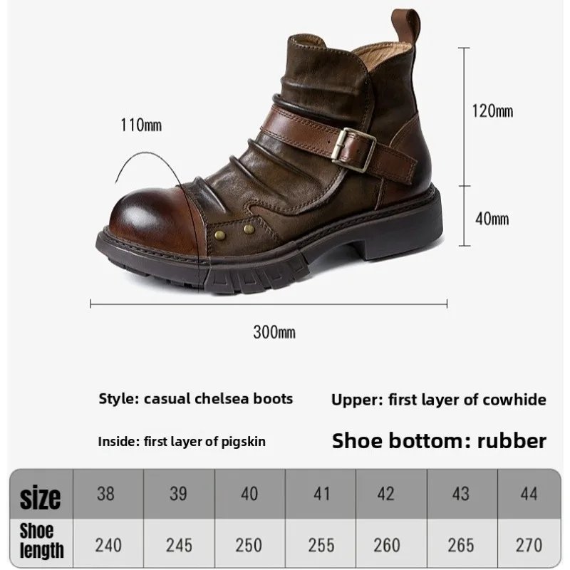 Handmade Punk Motorcycle Boots Men's Genuine Leather Boots British Style Boots Cowhide Workwear Short Shoes