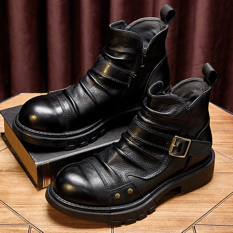 Handmade Punk Motorcycle Boots Men's Genuine Leather Boots British Style Boots Cowhide Workwear Short Shoes