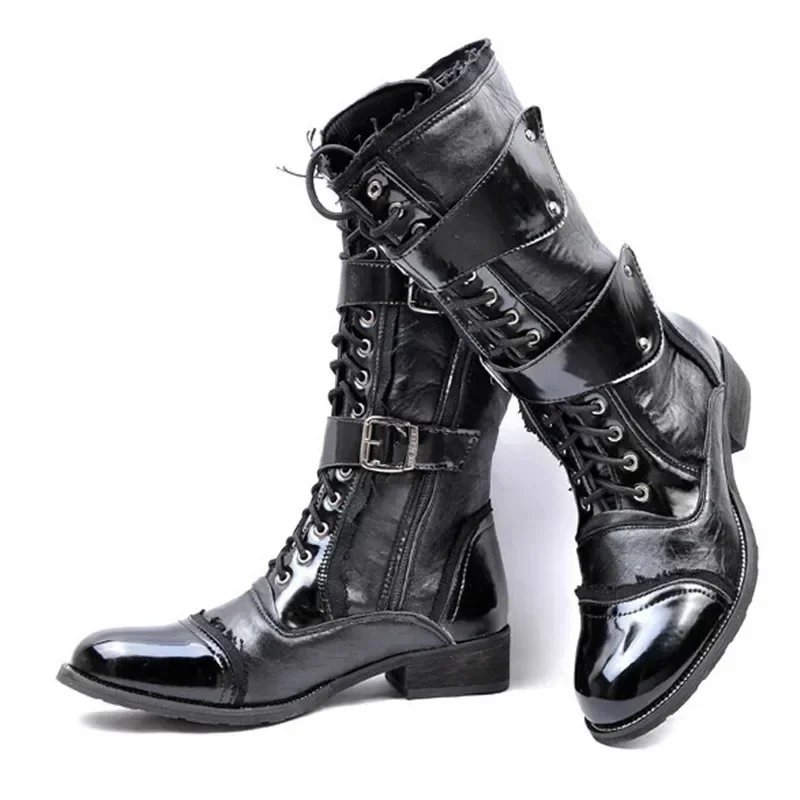 Gothic Punk Cosplay Cowboy Dance Boots for Men 2026 Spring Fall Square Heels Mid Calf Warm Soft Leather Motorcycle Boots Office